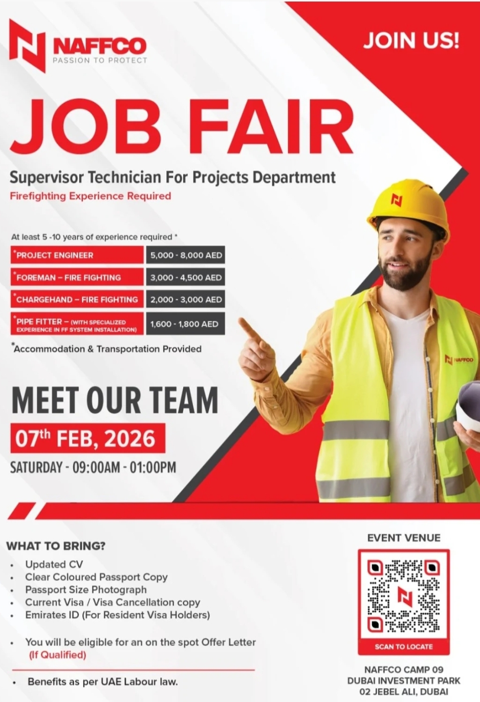NAFFCO Dubai Job Fair 2026: urgent hiring project Engineers, Foreman, and technicians.